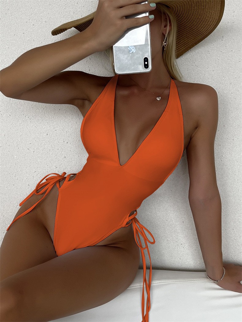 Women's Clothing Deep V Sexy One Piece Swimsuit Solid Color American Style High Grade Bikini For Female Beach Hot Spring_voghion.com