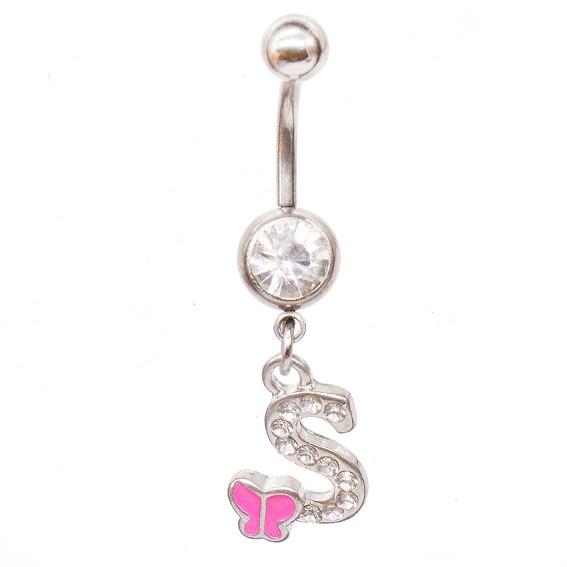 Modischer Gebai-Ring mit Schmetterlingsverschluss, Zirkonia-besetztem Buchstaben, personalisiertem Anhänger und Bauchnabelpiercing – einfach zu tragen._voghion.com