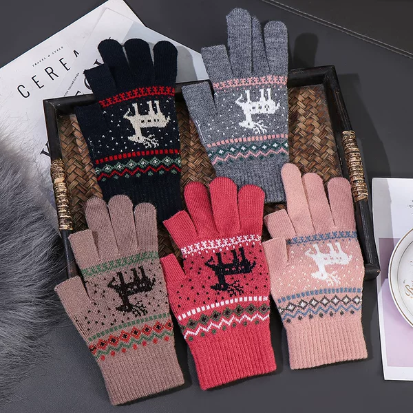 Autumn and Winter Fingerless Gloves for Women, Warm Fingered Knitted Imitation Cashmere Cartoon Deer Two-Finger Gloves Jacquard