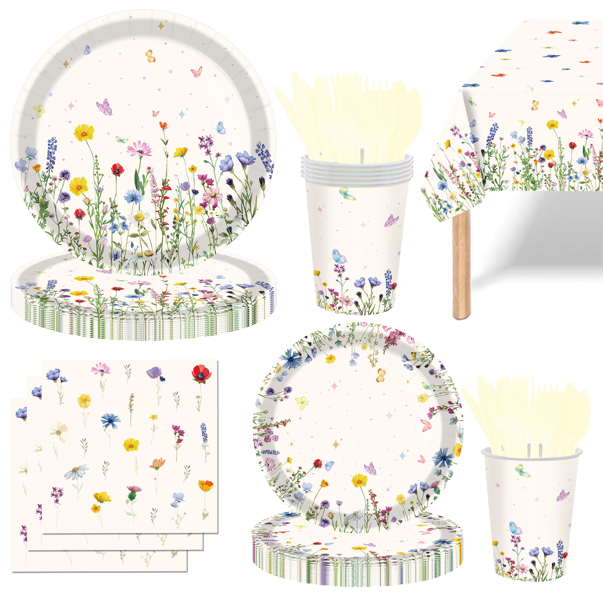 Cross-Border New Wildflower Theme Tableware Spring Revival Theme Party Supplies Disposable Tablecloth Set Paper Plate Fork