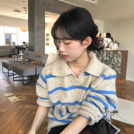 跨境外贸蓝色条纹翻领毛衣女秋冬季软糯高级感慵懒风套头针织上衣