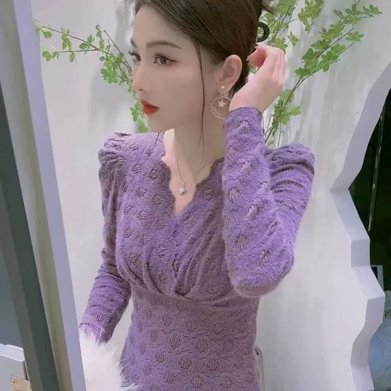 [2025 春季新款洋气小衫紫色内搭蕾丝衫女V领高级感打底衫内穿上衣]