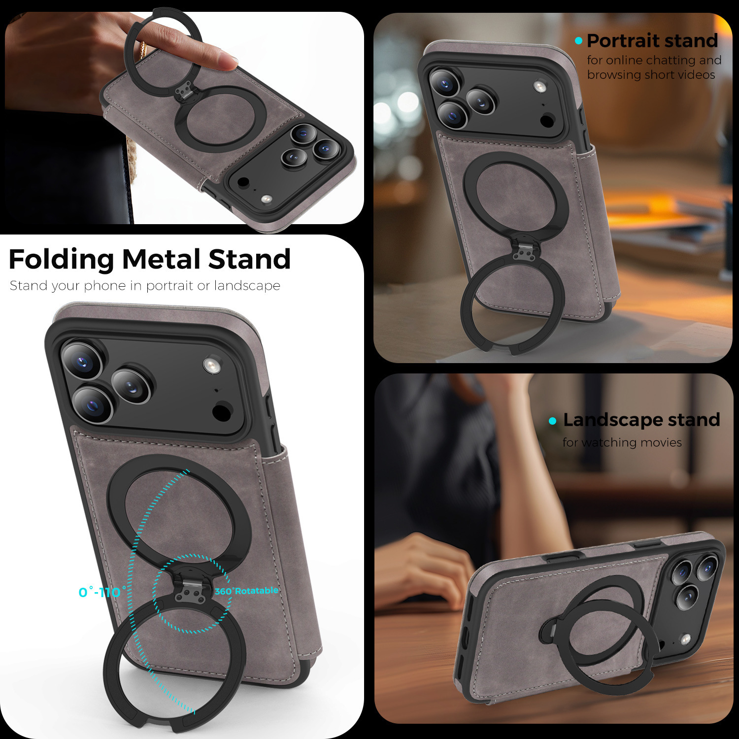 Ốp lưng da lật iPhone 16 Pro Max xoay 360 độ tích hợp giá đỡ từ tính — màu đen, màu xanh hoàng gia, Màu nâu, xám chi tiết 14
