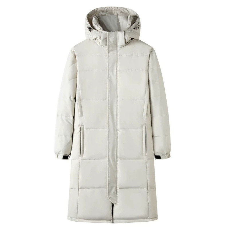 New winter collection: long, knee-length down jackets for men and women, featuring printed logos and designed as workwear New winter collection: long, knee-length down jackets for men and women, featuring printed logos and designed as workwear