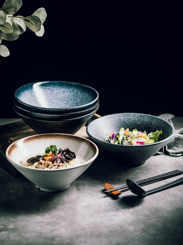 Japanese-Style Ceramic Bowl, Large Household Ramen Bowl, Rice Bowl, Noodle Soup Bowl, Creative Tableware Set, Commercial Conical Bowl