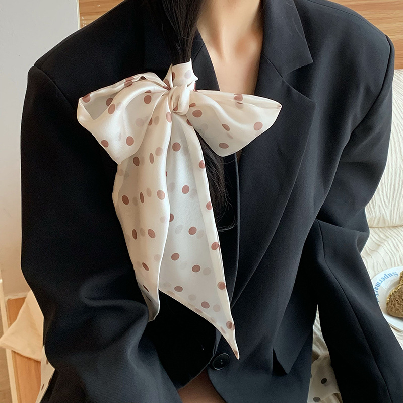 Bufanda de seda para mujer, banda larga, sensación de alta calidad, doble capa, lunares, cinta de moda, bufanda decorativa, bufanda, cinturón para el cabello