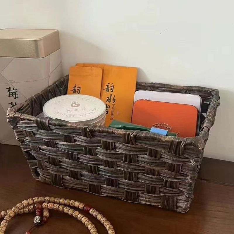 带盖仿藤编织收纳筐多功能整理收纳篮带把手家用卧室杂物储物盒新|undefined