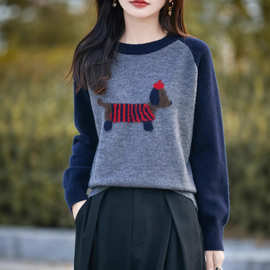 复古拼接风腊肠狗提花毛衣女圆领插肩袖百搭显瘦宽松针织衫可外穿