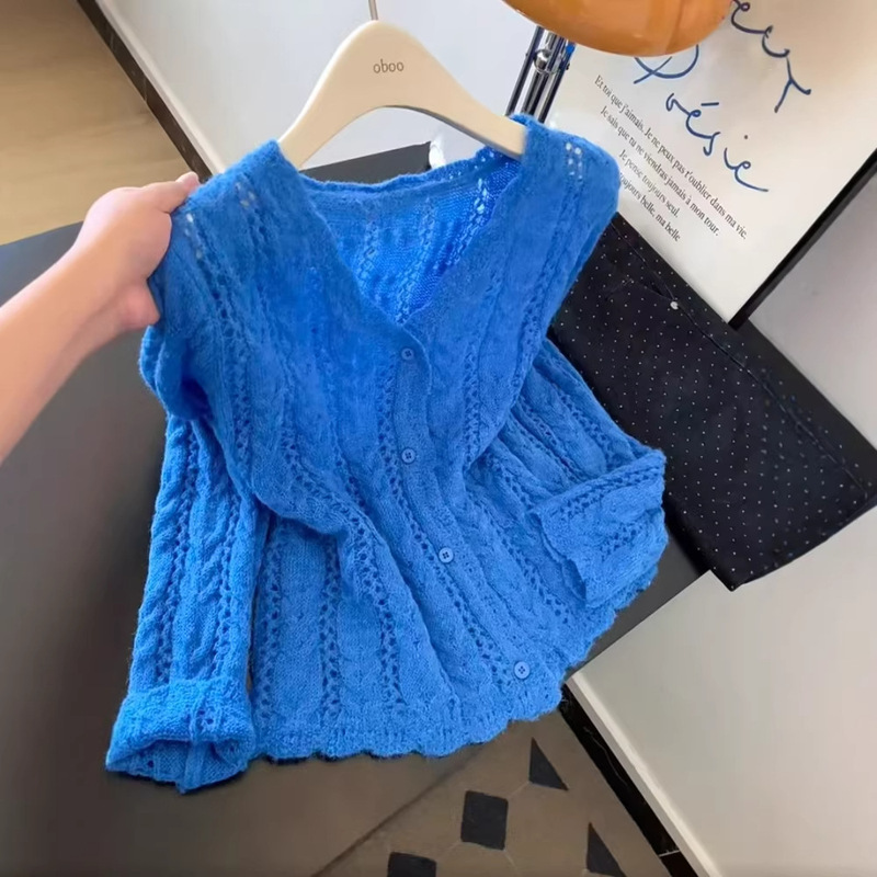 Klein Blue Long-Sleeve Hollow-Out Knit Cardigan for Women, Spring Lazy Style Soft Sweater, Plus-Size Slimming Niche Top Klein Blue Long-Sleeve Hollow-Out Knit Cardigan for Women, Spring Lazy Style Soft Sweater, Plus-Size Slimming Niche Top