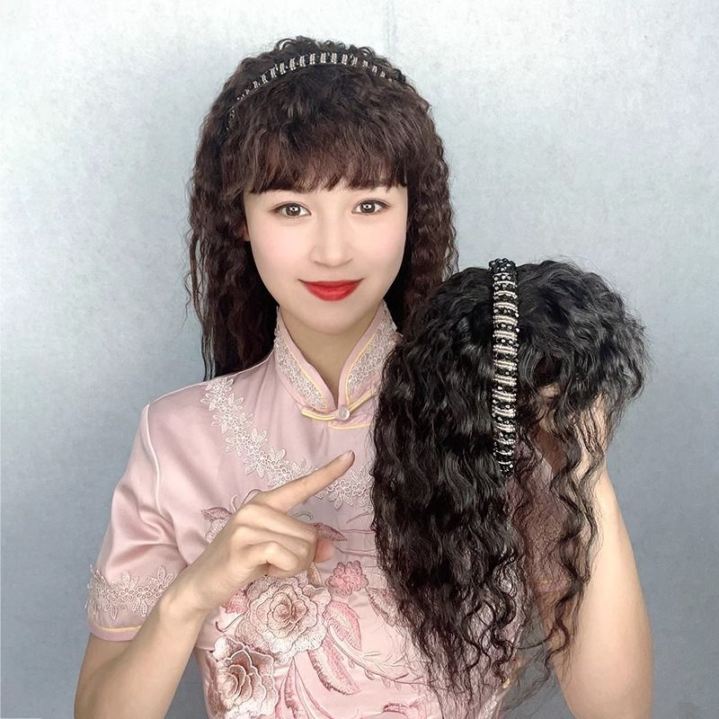 Rhinestone Headband Wig for Women, Hairpiece for the Top of the Head, Hair Extension to Cover White Hair, All-In-One Corn Perm Fluffy Hidden Hairpiece