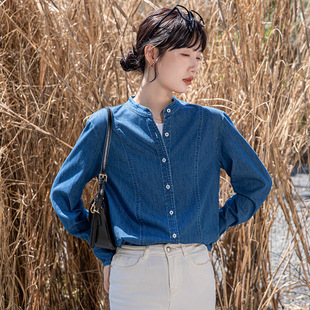 Real-shot Blue Denim Shirt Women's Spring and Autumn Stacked-on Design Sense Small-sized Ancient Hong Kong Style Loose Long-sleeved Top