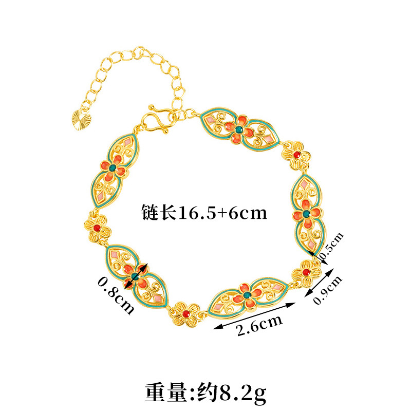 Guochao antiguo pulsera de oro de estilo de corte esmalte colorido flores ruyi joyas de mano femenina no se desvanecen joyas