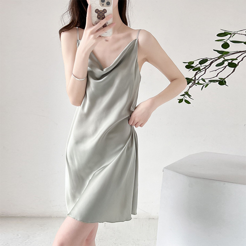 Cross-Border American and European new sexy pajamas women's summer ice silk thin swing collar strap nightdress beauty back pajamas home wear