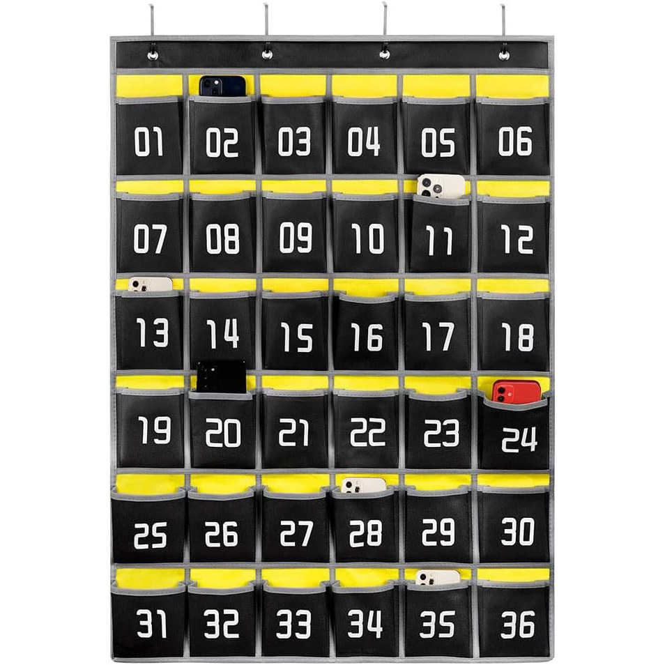 Yellow background, black pockets, gray trim, 36 compartments / Head wordless style