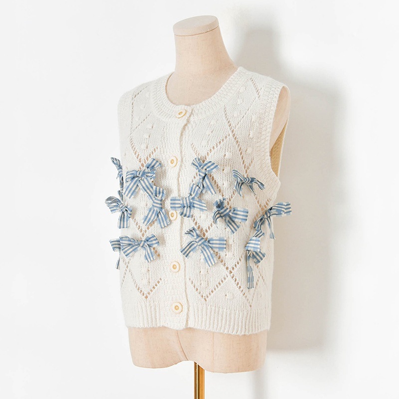 Kadın Giyim Erken Sonbahar Yeni Üç Boyutlu Fiyonk Kalın İğne Yuvarlak Yaka Kolsuz Örme Hırka Yelek Kadın Kolsuz_voghion.com