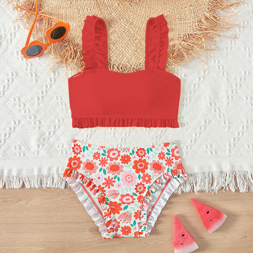 1. Girls' Two-Piece Swimsuit, Red Bottom Printed Bikini, Kidsren's Beach Swimsuit, Cute Swimsuit for Girls