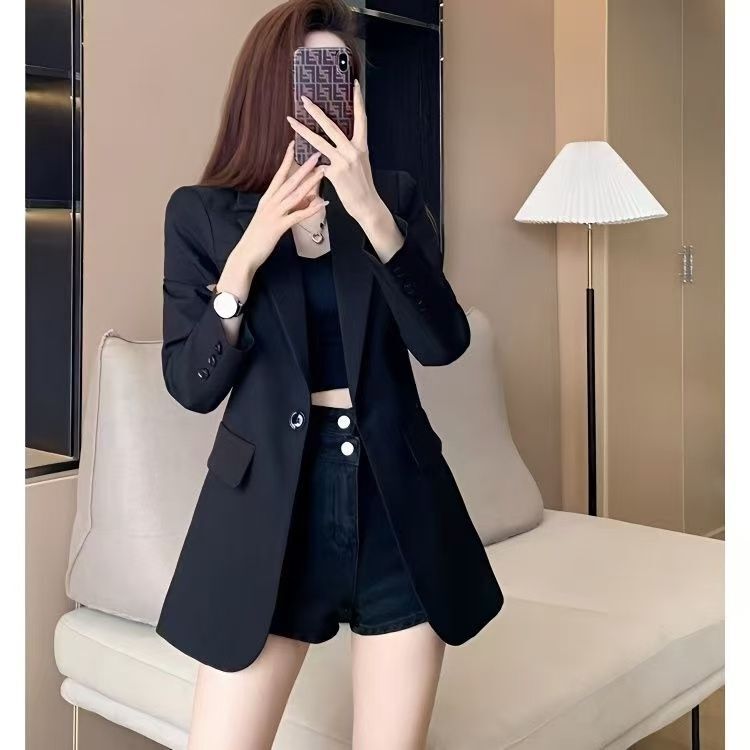高级感黑色西装外套女设计感上衣2025春秋新款气质收腰中长款上衣|undefined
