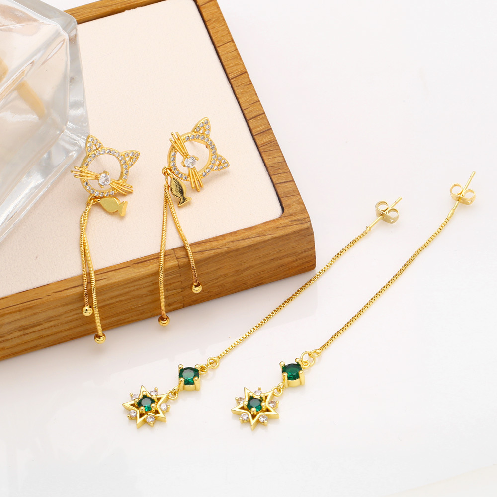 Fashion Inlaid Zircon Long Fringe Copper Earrings Female