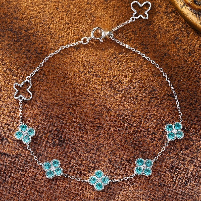 Butterfly Flower~S925 Sterling Silver Gold-Plated Paraiba Four-Leaf Clover Bracelet Design for Women, Adjustable, Light Luxury