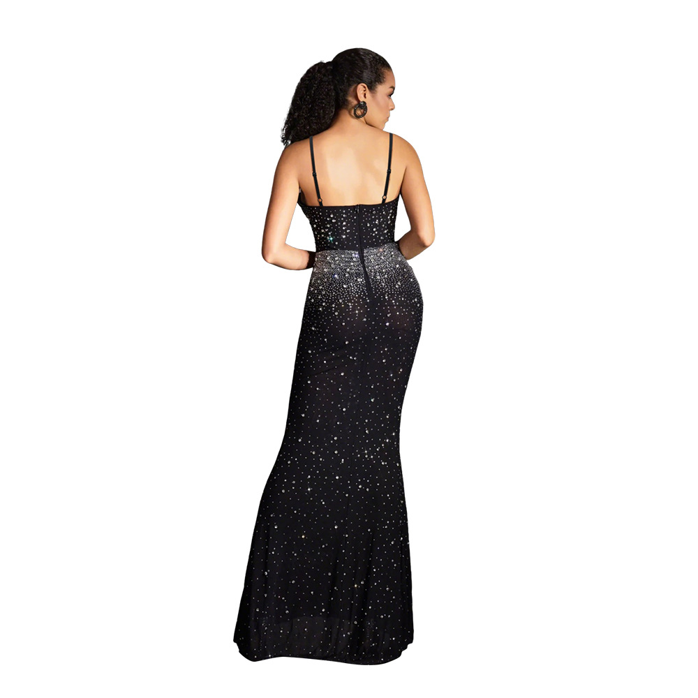 Elegant Spaghetti Strap Long Dress With Rhinestone Details, Women's Chic Bodycon Maxi Dress For Parties_ecoleips.com