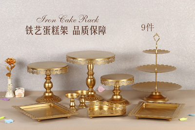 Decoración de mesa de postres de boda de oro, estante de pastel europeo, propósitos de boda, bandeja de pastel de encaje, estante de refrigerio de hierro forjado, 12 juegos