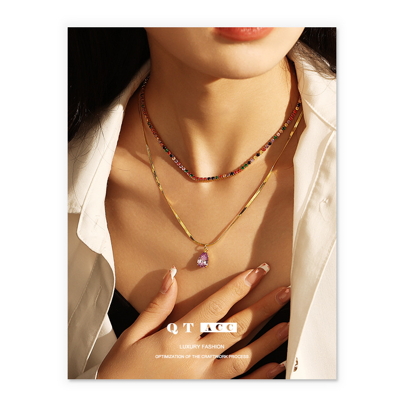 Latón chapado 18K oro real europeo y americano retro ins estilo púrpura en forma de gota colgante de circón collar de hueso de serpiente para las mujeres image 3