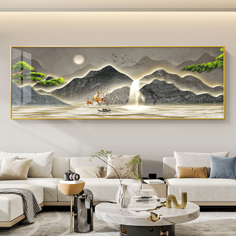 流水生财客厅装饰画新中式沙发背景墙挂画迎客松禅意茶室山水壁画