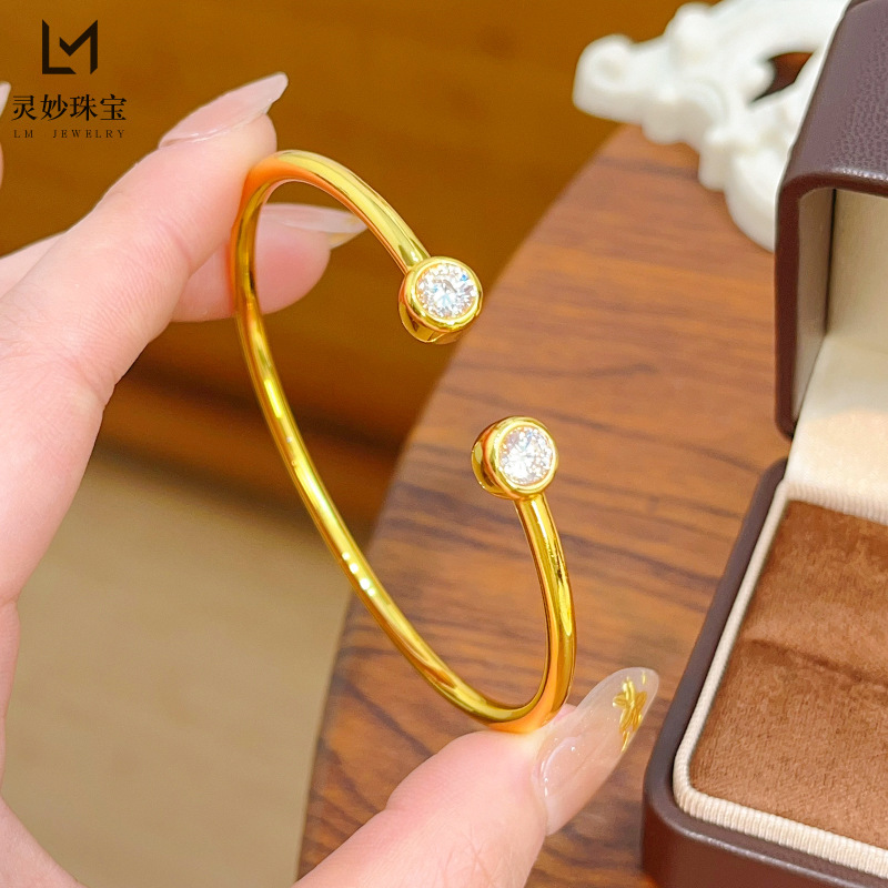 Gold shop with gold sand gold double diamond opening bracelet geometric single diamond necklace ring niche design simple wind for girlfriend