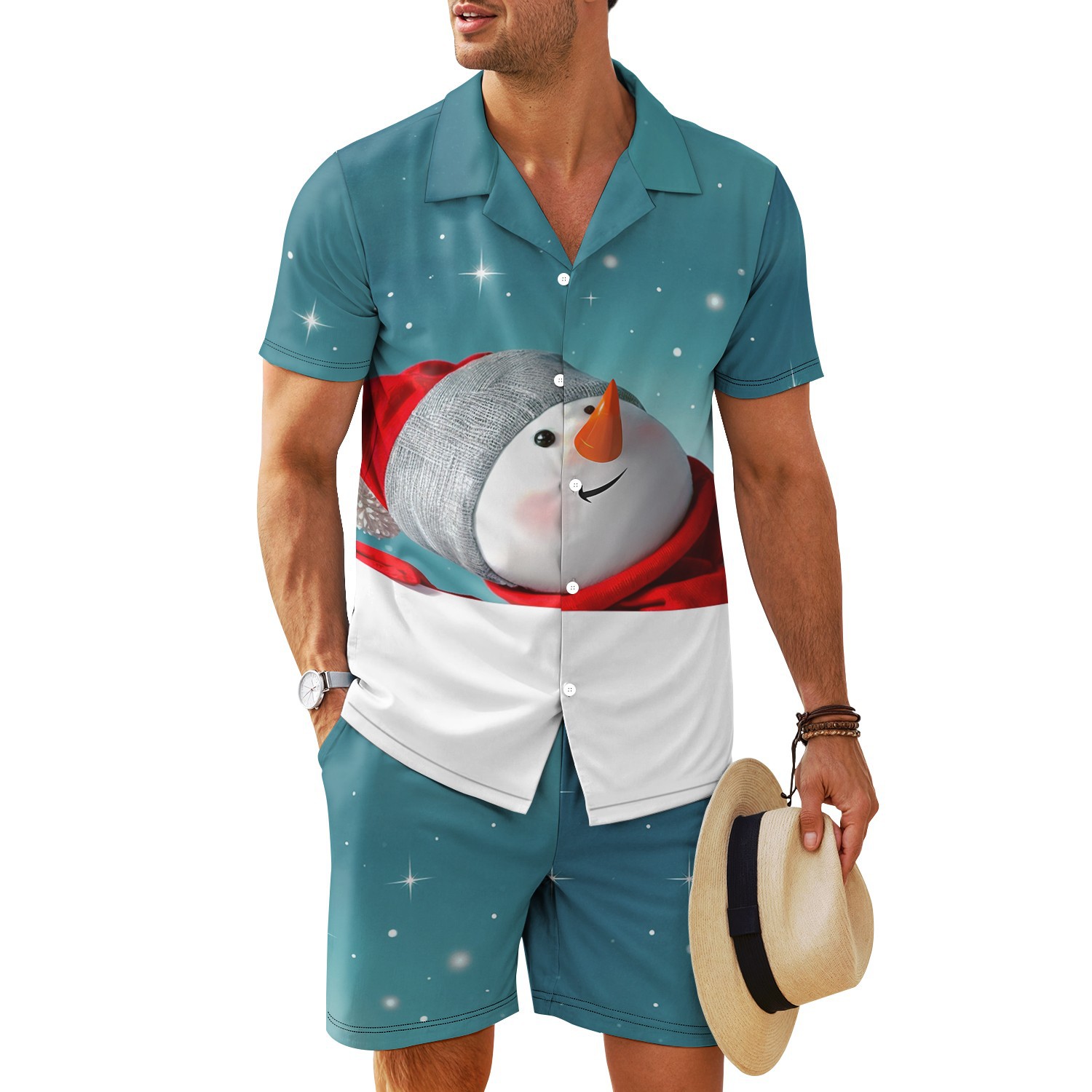 Transfronterizo 2025 nuevo estilo Amazon europeo y americano patrón de nieve cuello cubano camisa de manga corta pantalones cortos traje MB34 MA04