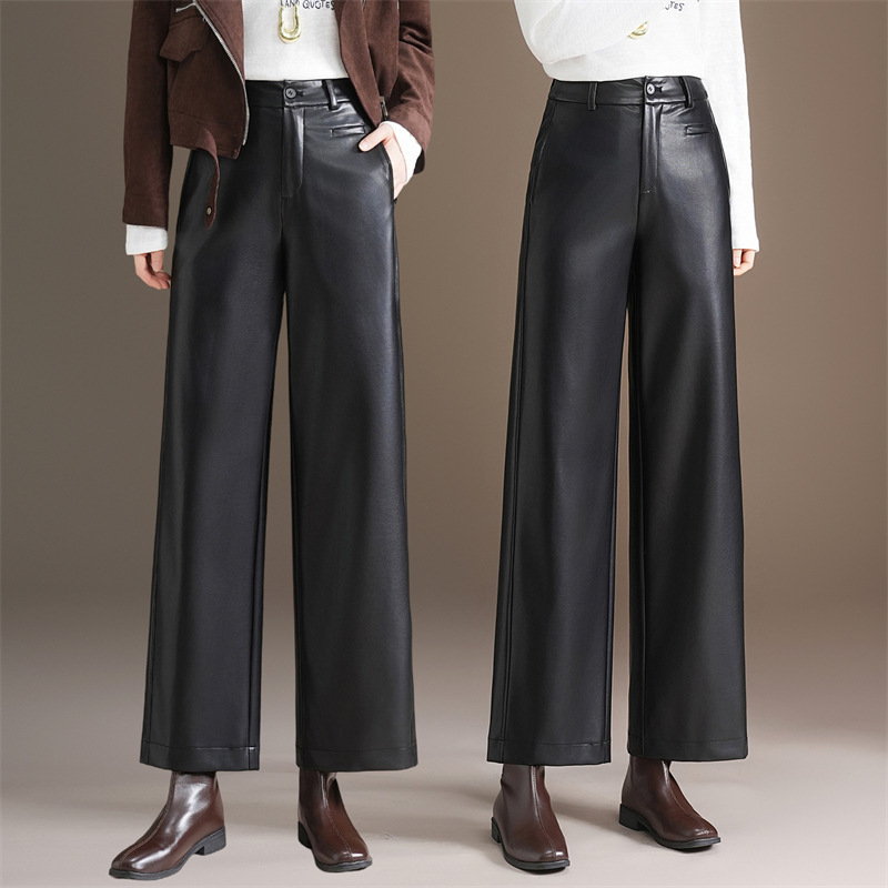 High-End Straight-Leg Leather Pants from Haining, Fashionable Casual High-Waisted Slimming Versatile Long Pants, Sheepskin Drape Wide-Leg Pants