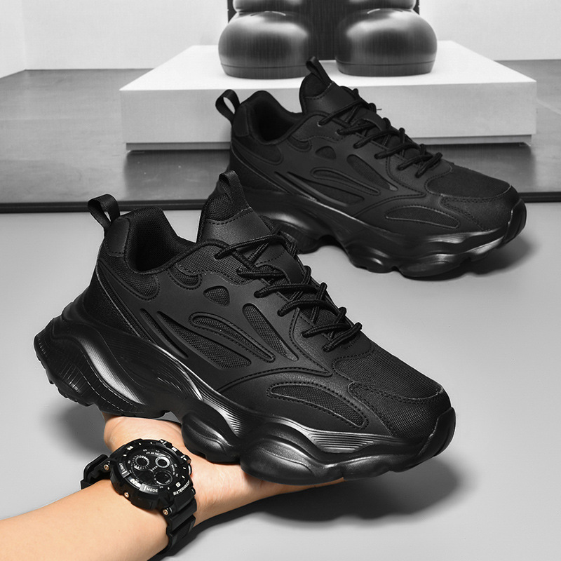 Men's Non-Slip Wear-Resistant Sports Shoes, Autumn Thick-Soled Height-Increasing Men's Shoes, Versatile Casual Shoes, Black Travel Shoes, Dad Shoes