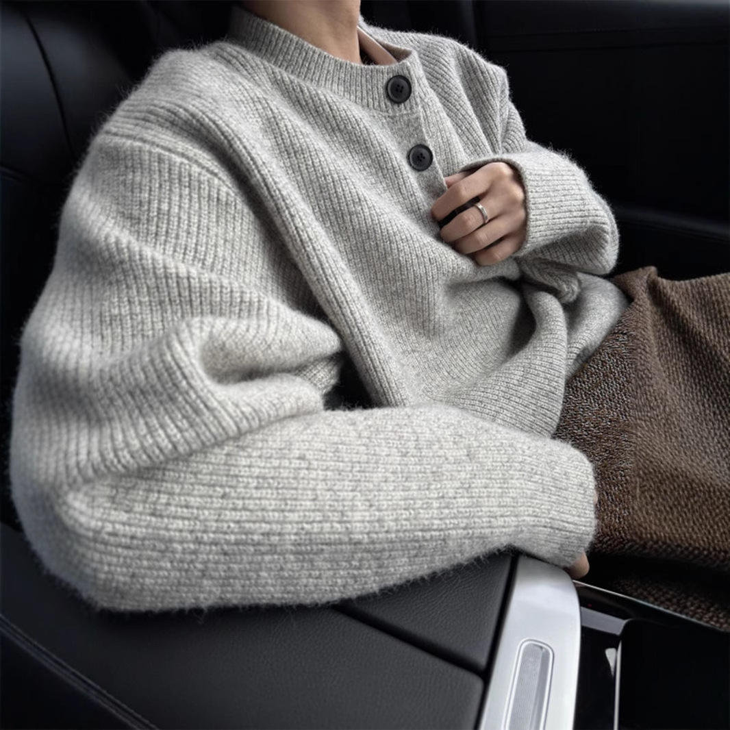 Men's Oversized Henley Knit Sweater – Soft & Breathable Pullover For Fall/Winter (M-XXXL, Light Gray)​_voghion.com