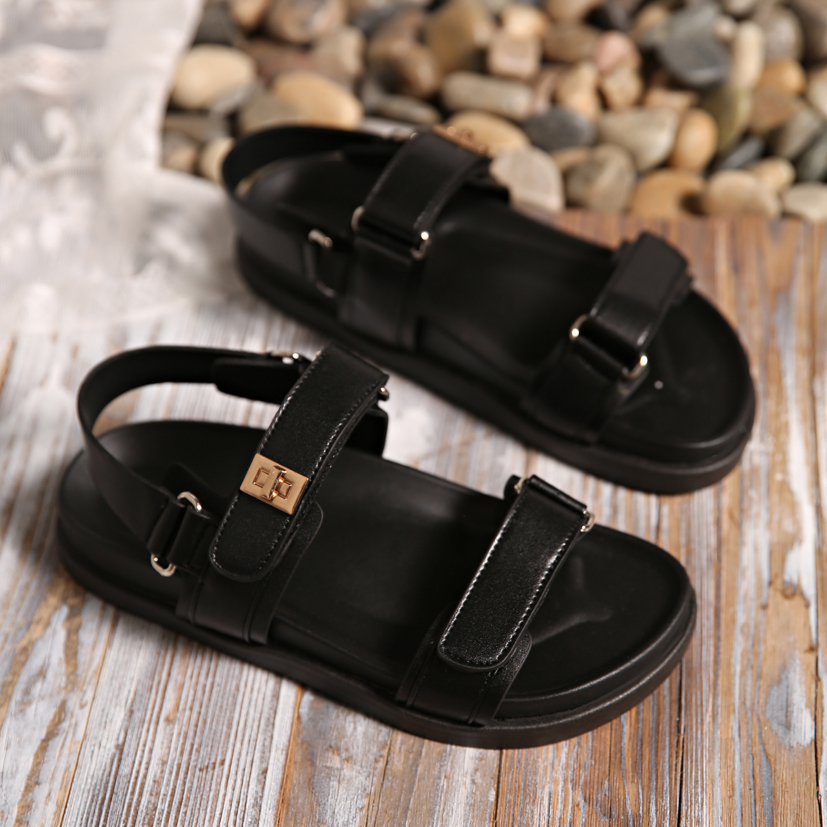 Sandali estivi piatti da donna taglie forti con doppia chiusura in velcro, suola morbida, in morbida pelle, scarpe casual e comode_voghion.com