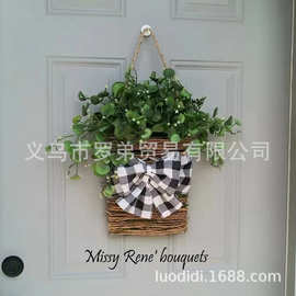 跨境新品四季吊篮花篮门挂春夏季花环黑白格子蝴蝶结花圈门前壁挂