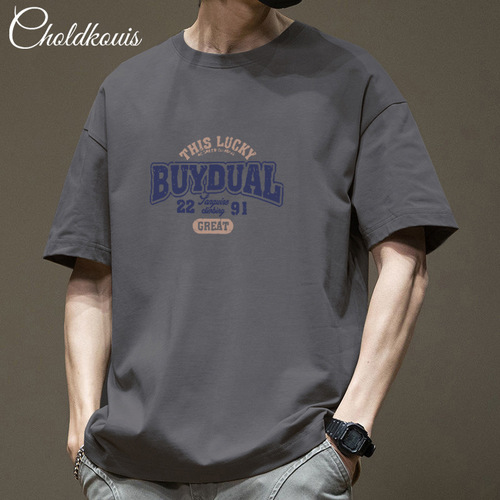 Men's Short Sleeve Hong Kong Style Heavyweight Trendy Casual Summer T-shirt, Unisex Loose American Retro Streetwear Half-Sleeve T-shirt