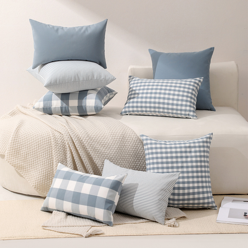 Home Bedroom Sofa Cushion Cover Blue-Gray Series Polyester-Cotton Plaid Pillowcase Manufacturer Wholesale Throw Pillow Cover