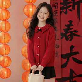 小女孩小香风针织开衫中大童韩系蝴蝶结秋冬新款娃娃领排扣外套潮