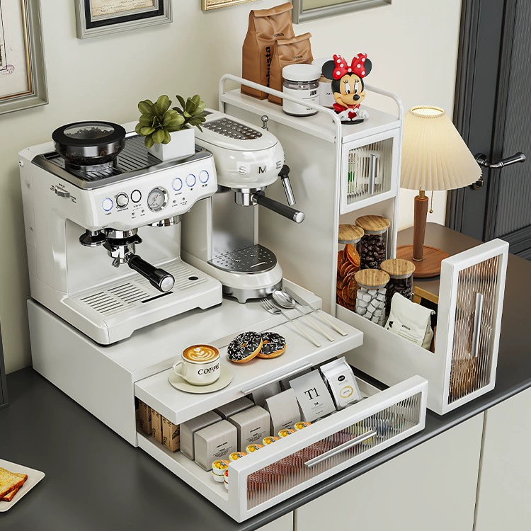 Countertop Coffee Machine Storage Rack, Multi-Compartment Dustproof Stand with Double Drawers