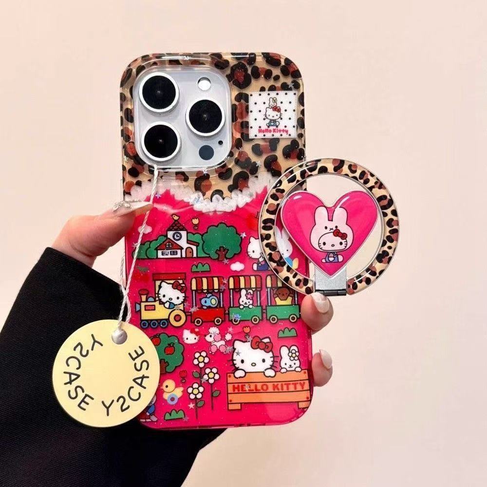 Cartoon Leopard Print Train Kt Cat Foldableing Magnetic Holder Suitable for Iphone16Promax Apple 14 Mobile Phone