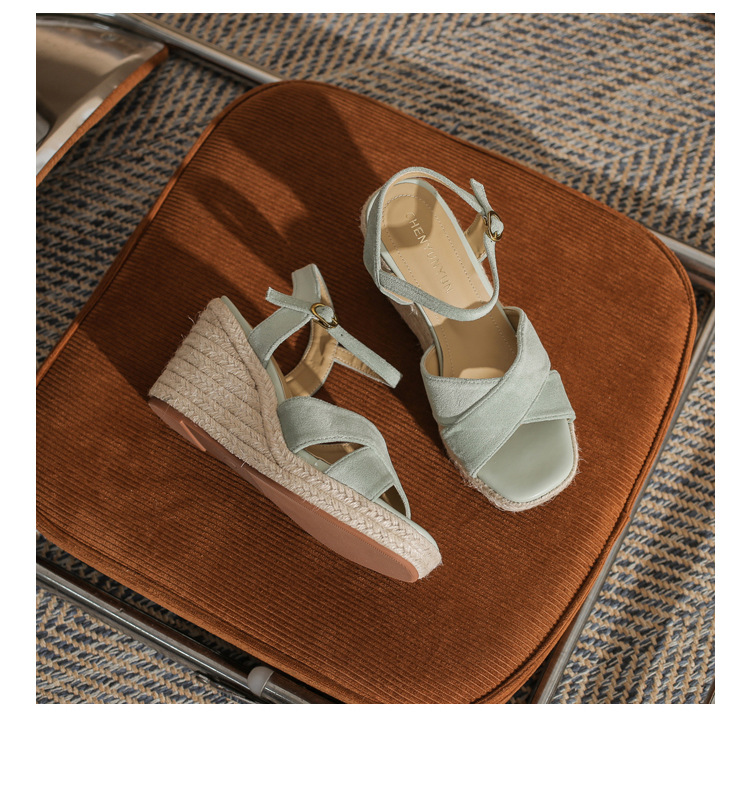 Sandal cao gót nữ hở mũi đế xuồng gót cao 9 cm, quai ngang đan dây thừng — Xanh lá cây nhạtcolor chi tiết 23