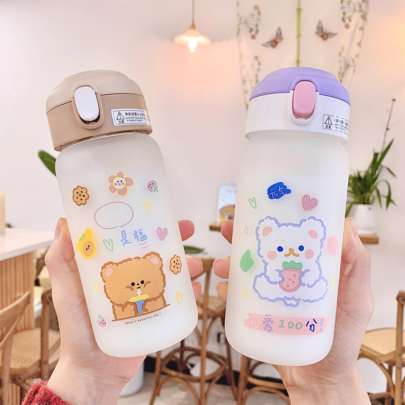 Cute Sticky Notes Glass Straw Water Cup Children Girl Heart Cute Frosted 450ML Glass Water Cup