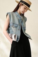 欧货复古做旧垫肩牛仔坎肩女2025春秋立领马甲宽松无袖不规则外套
