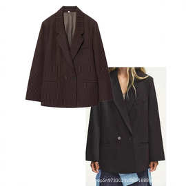 外贸批发2025秋冬新款欧美女装宽松版翻领细条纹西装外套 1255789