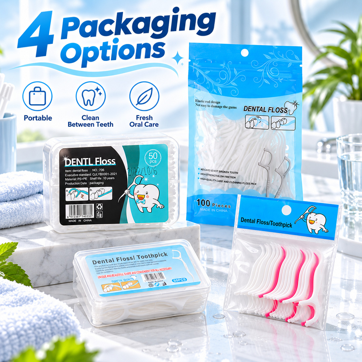 Wholesale oral care dental floss 50 large box floss stick high tension interdental cleaner flat line floss suture