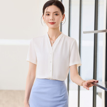 V领短袖衬衫女夏季V领白色上衣通勤正装衬衣套装气质职业装工作服