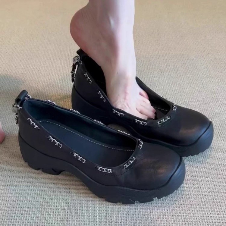 羊皮版~2025新款厚底玛丽珍鞋女甜美链条设计一脚蹬浅口单鞋
