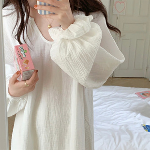 Korean ins Women's Spring and Autumn Deep V-neck Simple Loose Comfortable Long-sleeved Nightdress Gauze Home Clothes Pajamas with Hair Ring