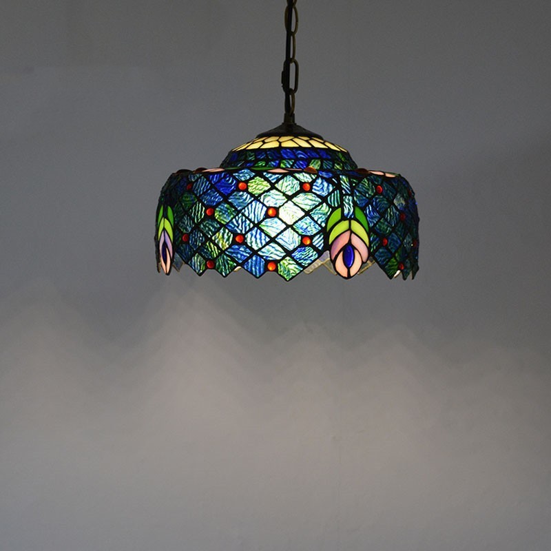 Huijing ティファニーシャンデリアステンドグラス照明ブルーピーコックカラー LED ガラス照明器具ホテルヴィラシャンデリア|undefined