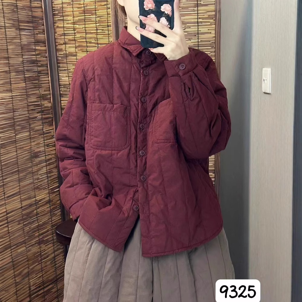 秋冬韩版简约宽松复古翻领加棉双口袋衬衫外套百搭轻薄棉衣女9325