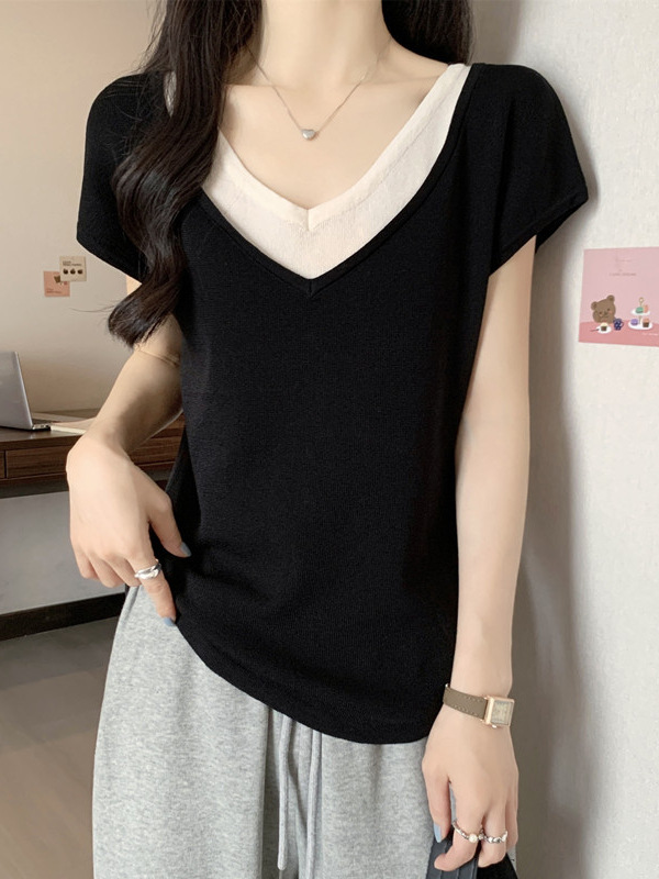 Áo thun nữ tay lỡ giả hai lớp chất liệu sợi mát — đen